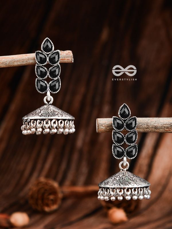 The Olive Branch Intricate Jhumkis - Onyx Black - The Embellished Oxidised Collection