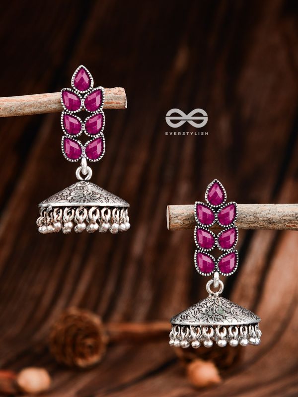 The Olive Branch Intricate Jhumkis - Ruby Red - The Embellished Oxidised Collection