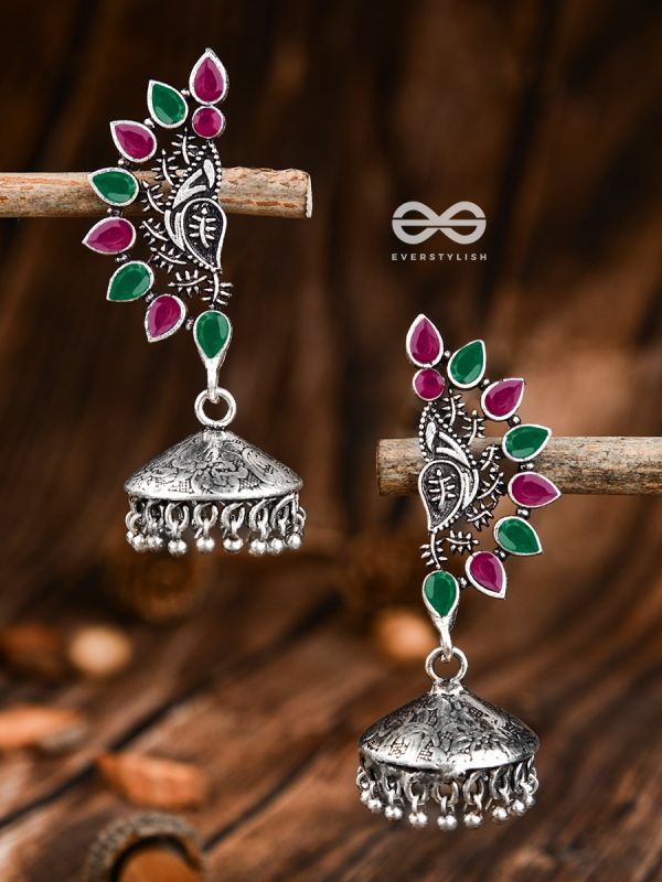 The Bohemian Elegance Floral Jhumkis (Ruby-Emerald) - Oxidised Embellished Collection