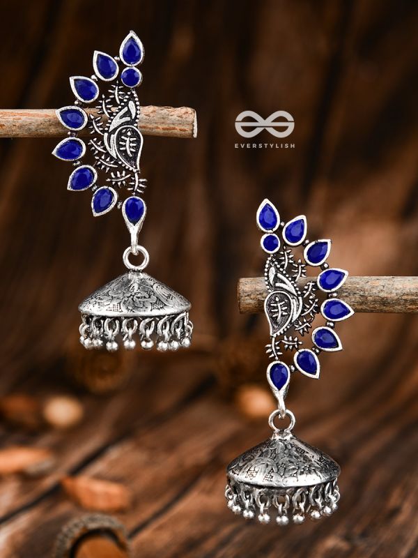The Bohemian Elegance Floral Jhumkis (Sapphire Blue) - Oxidised Embellished Collection
