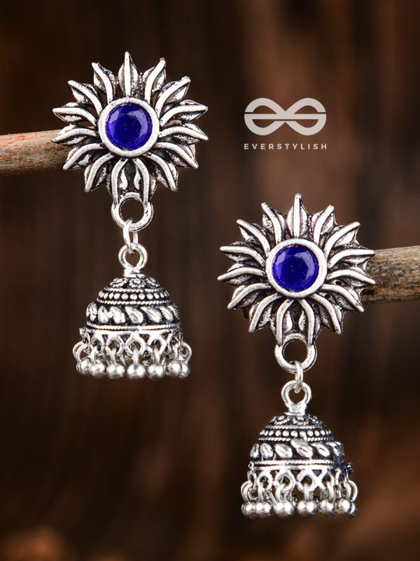 The Artsy Floral Jhumkis (Sapphire Blue) - Embellished Oxidised Collection