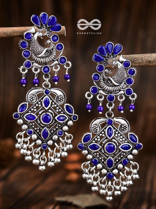 The Glimmering Peacock Statement Danglers (Sapphire Blue) - The Embellished Oxidised Collection