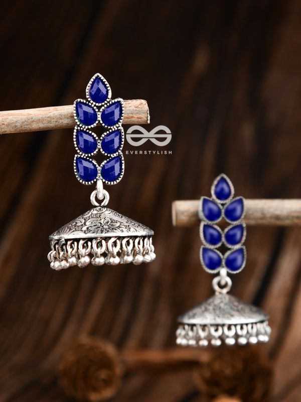 The Olive Branch Intricate Jhumkis - Royal Blue - The Embellished Oxidised Collection