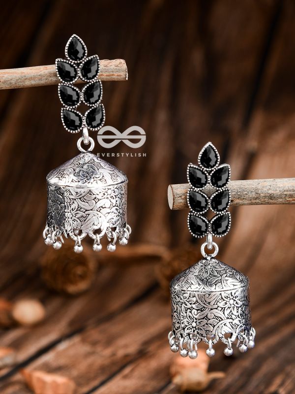 The Olive Branch Intricate Drum Jhumkis - Onyx Black- The Embellished Oxidised Collection