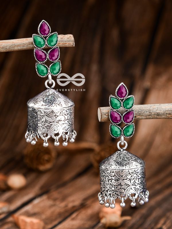 The Olive Branch Intricate Drum Jhumkis - Emerald and Ruby - The Embellished Oxidised Collection