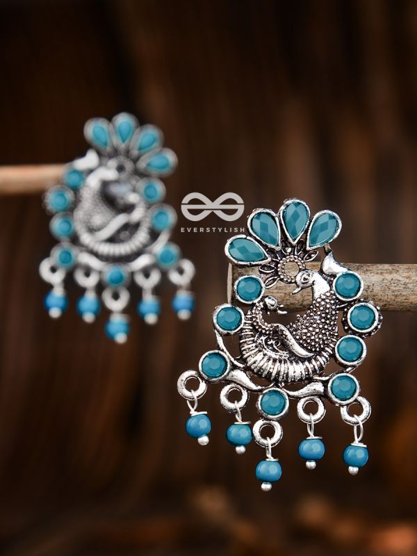 The Dangling Peacock Studs (Deep Sky Blue) - Embellished Oxidised Collection