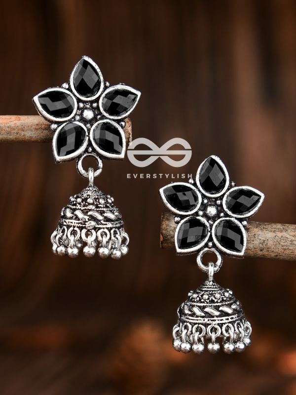 The Glimmering Floral Little Jhumkis (Onyx Black) - The Embellished Oxidised Collection