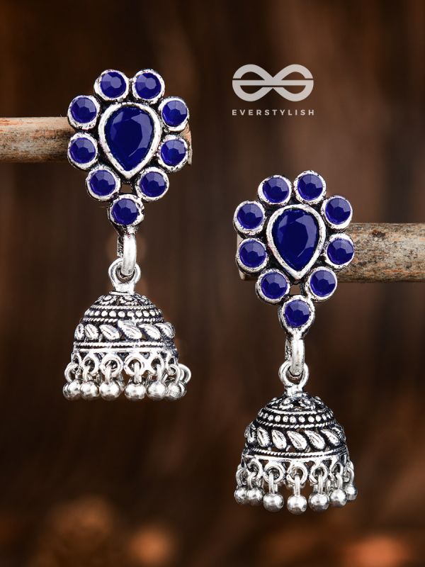The Shimmery Droplet Jhumkis (Sapphire Blue) - The Embellished Oxidised Collection