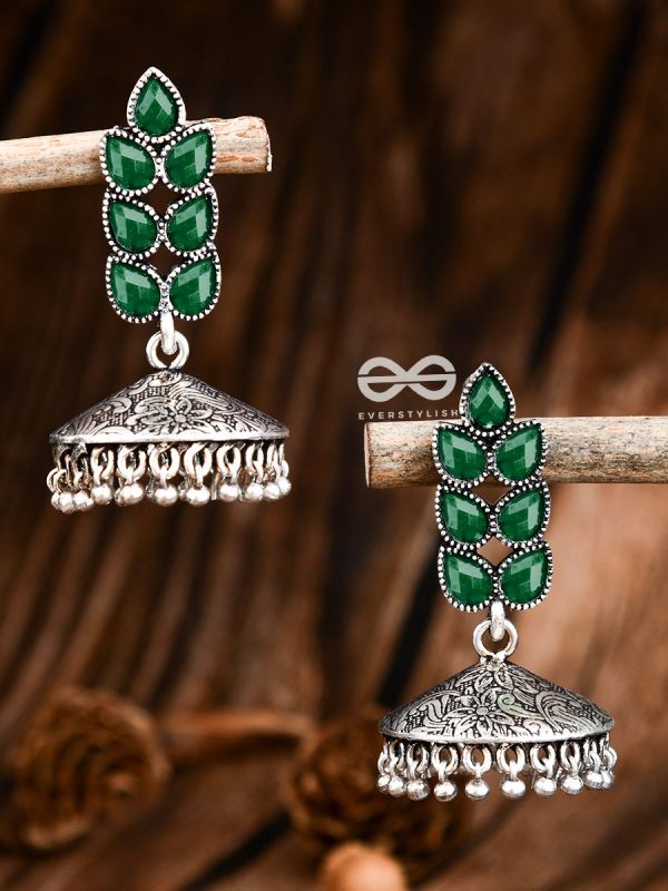 The Olive Branch Intricate Jhumkis - Emerald Green - The Embellished Oxidised Collection