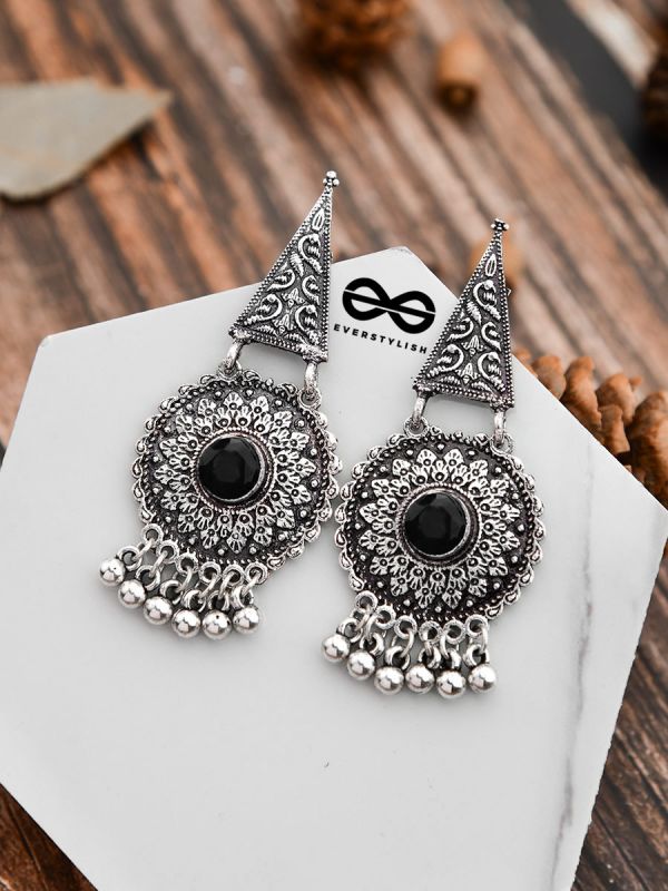 The Embellished Oxidised Collection - Intricate Geometry Earrings- Onyx Black
