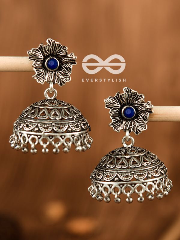 The Large Floral Intricate Jhumkas (Sapphire Blue) - Embellished Oxidised Collection