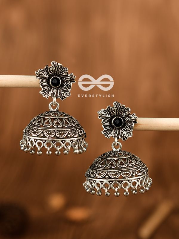 The Large Floral Intricate Jhumkas (Black) - Embellished Oxidised Collection