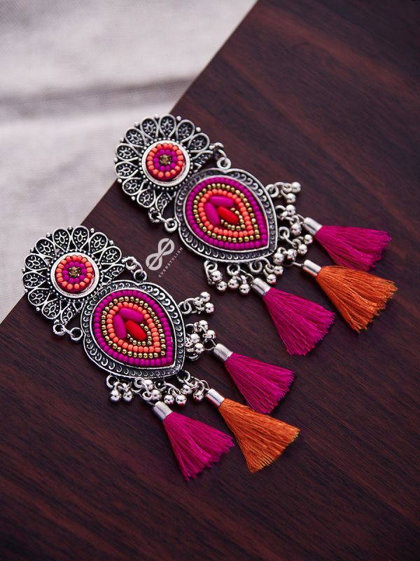 The Layered Tasseled Statement Makers (Pink-Orange) - The Embroidered Oxidised Collection