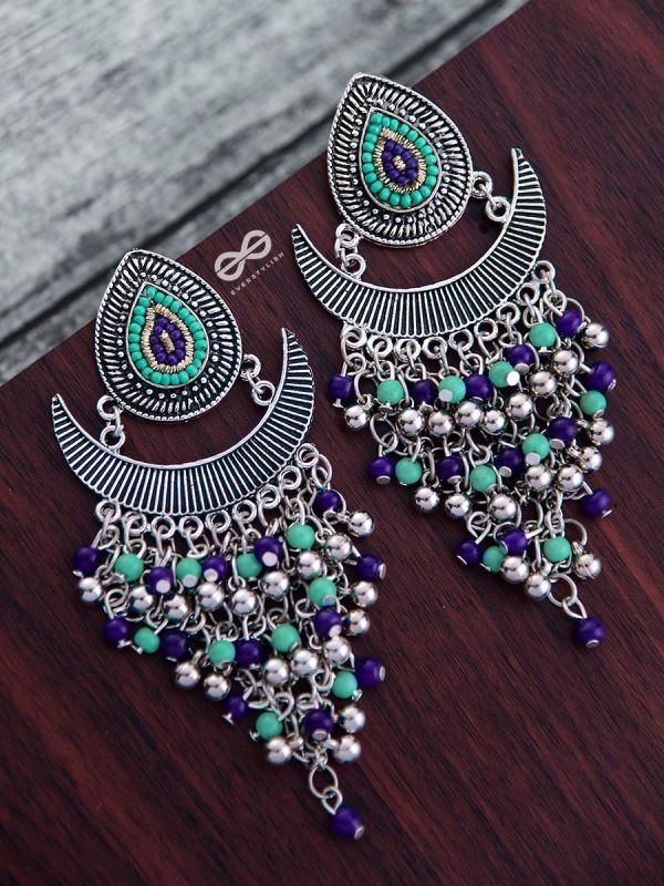 The Droplet Jhaalar Earrings (Blue Hues) - The Embroidered Oxidised Collection 