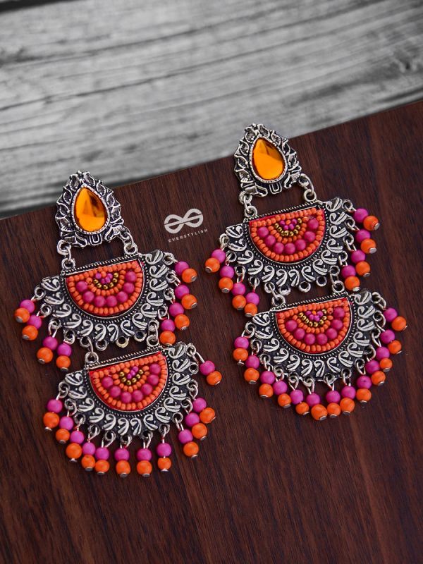 The Multilayered Elegance (Orange-Pink) - Embroidered Oxidised Earrings