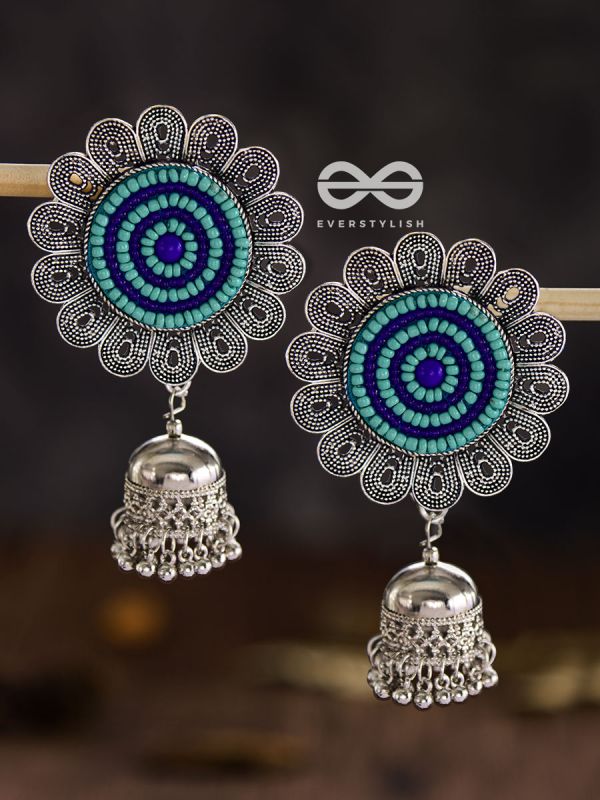 The Beaded Bohemian Flower Jhumkas (Blue) - Embroidered Oxidised Collection