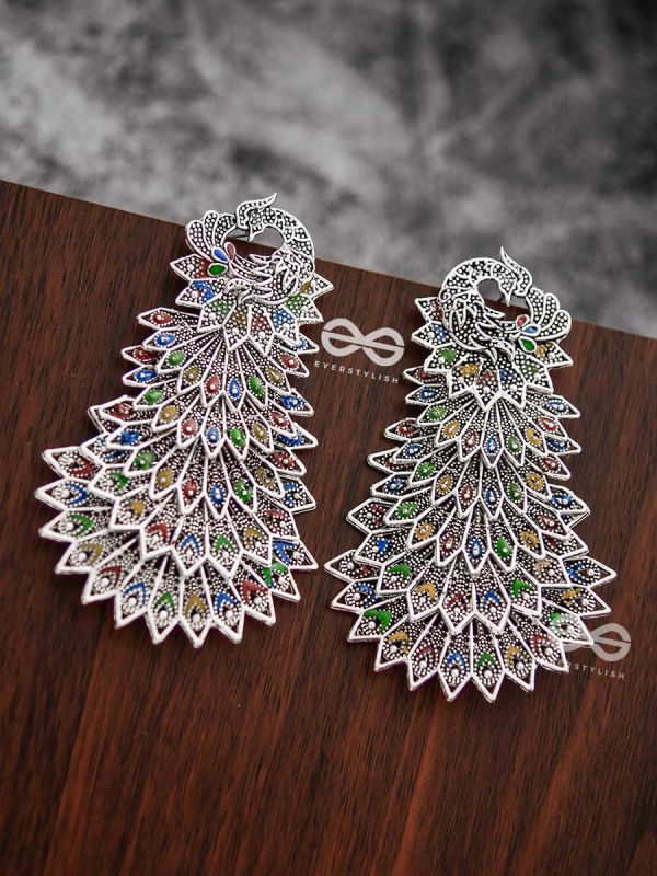 The MultiLayered Enamelled Peacock Danglers - Embellished Oxidised Collection