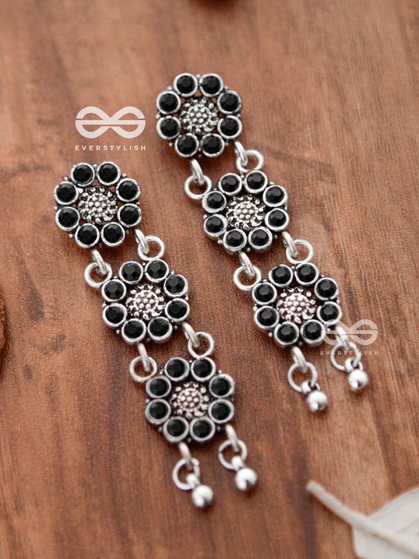 The Triple Layered Intricate Danglers (Onyx Black) - The Embellished Oxidised Collection