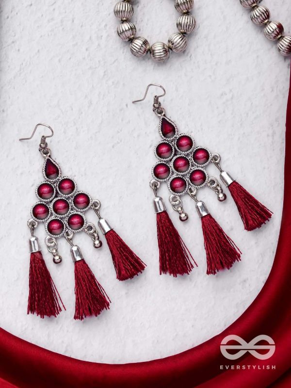 The Enamelled Tassels (Burgundy) - Embellished Oxidised Earrings