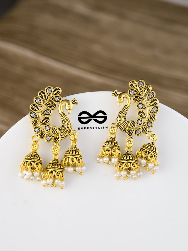 The Golden Peacock Triple Jhumkis - Oxidised Boho Earrings